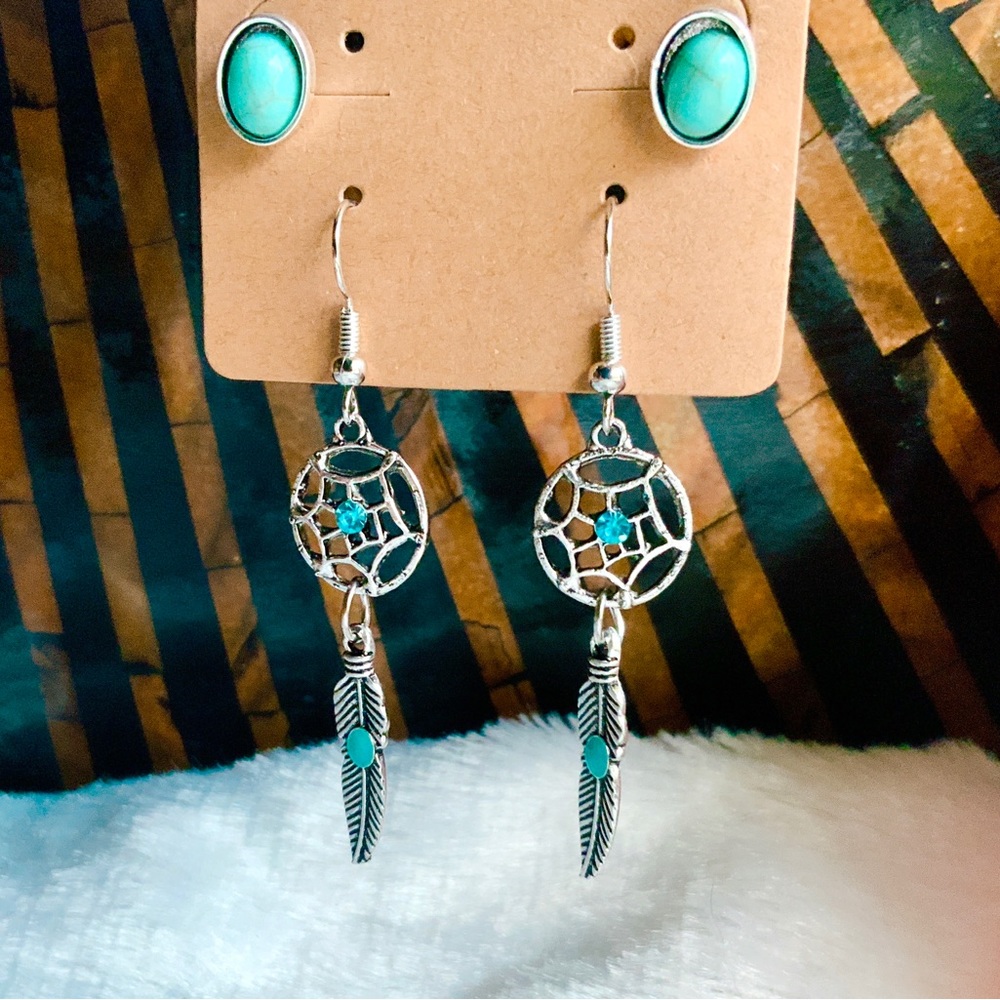 BOGO Turquoise Silver Blue Crystal Dreamcatcher Leaf Dangles Stud Earring Set